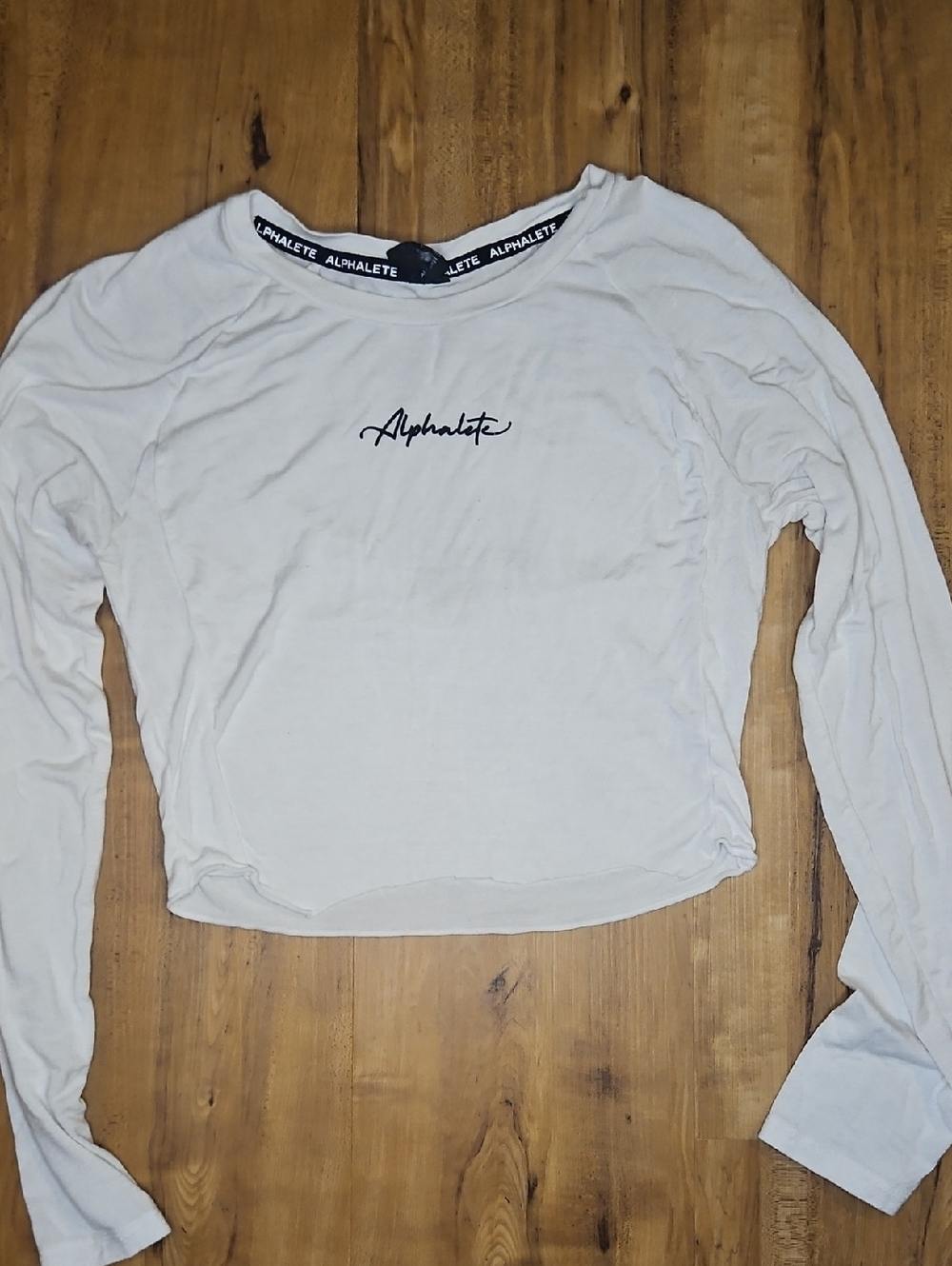 Alphalete White Long Sleeve Crop Top with Script Logo